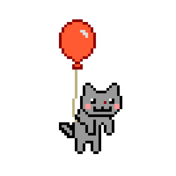 Gatinho pixelado flutuando com um balão vermelho